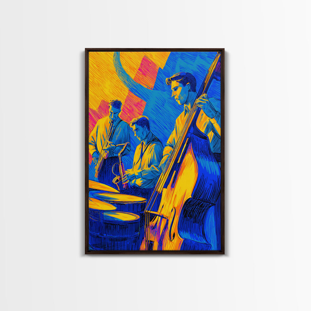 Neon Blue Yellow Jazz Trio Canvas Print, Bold Modern Wall Art, Colorful Music Poster, Midcentury Decor, Large Art Print Gift