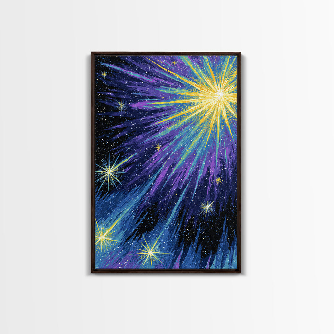 Radiant Comet Starburst Night Sky Framed Canvas Print, Cosmic Retro Wall Art, Space Abstract Art, Modern Home Decor, Gallery Wall Art