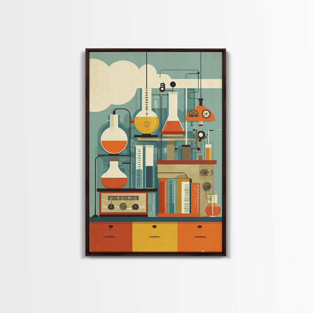 Midcentury Science Lab Beakers Canvas Print, Retro Chemistry Wall Art, Atomic Modern Decor, Office Poster, Orange MCM Art