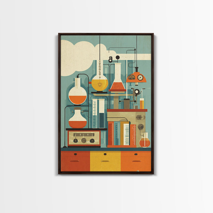 Midcentury Science Lab Beakers Canvas Print, Retro Chemistry Wall Art, Atomic Modern Decor, Office Poster, Orange MCM Art