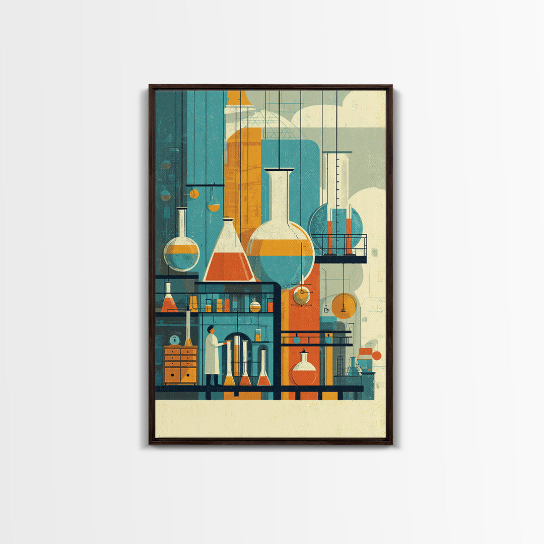 Towering Science Lab Glassware Wall Art, Midcentury Modern Canvas Print, Retro Chemistry Poster, Atomic Office Decor, MCM Art