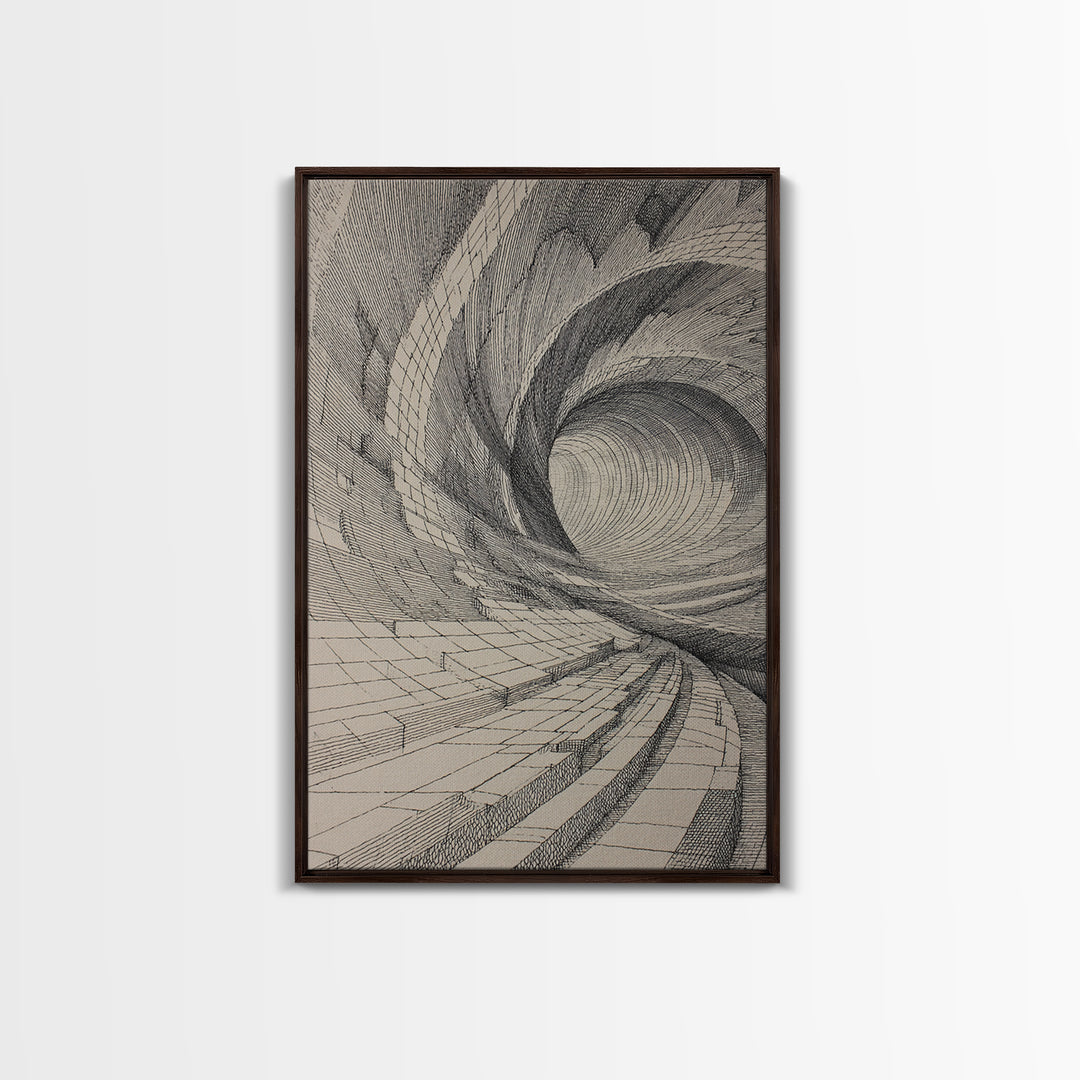 Architectural Tunnel Perspective Canvas Print, Modern Abstract Wall Art, Black Beige Geometric Lines, Office Decor Gift Print