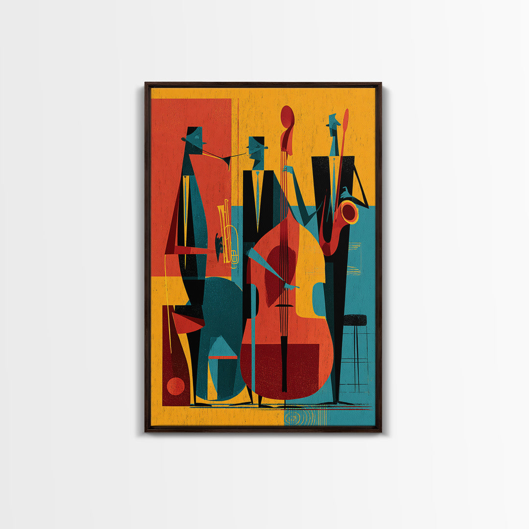 Retro Abstract Jazz Band With Bass And Saxophone Wall Art, Midcentury Modern Poster, Orange Teal Decor, Framed Canvas Print