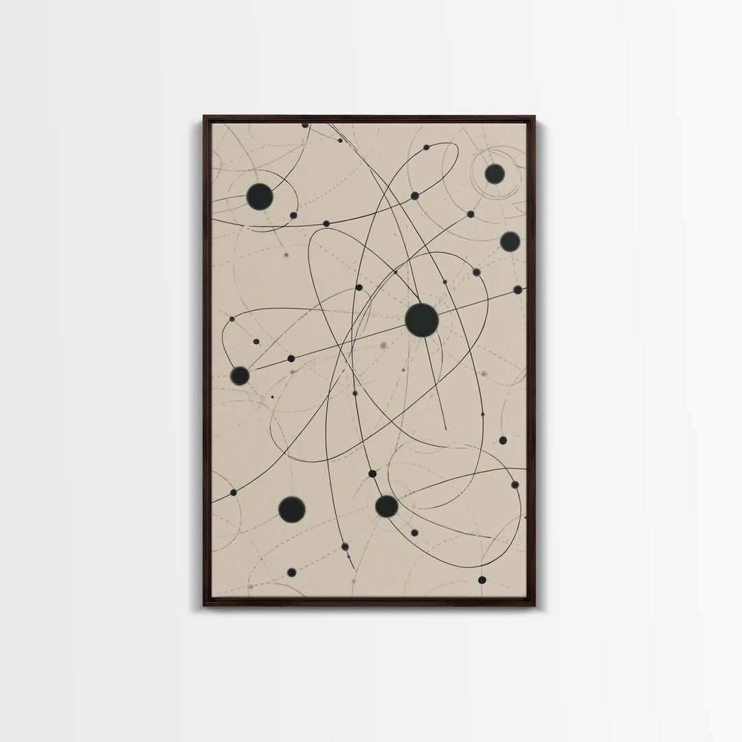 Beige Atomic Orbit Lines Canvas Print, Midcentury Modern Art Print, Geometric Wall Art, Retro Science Decor For Office Space