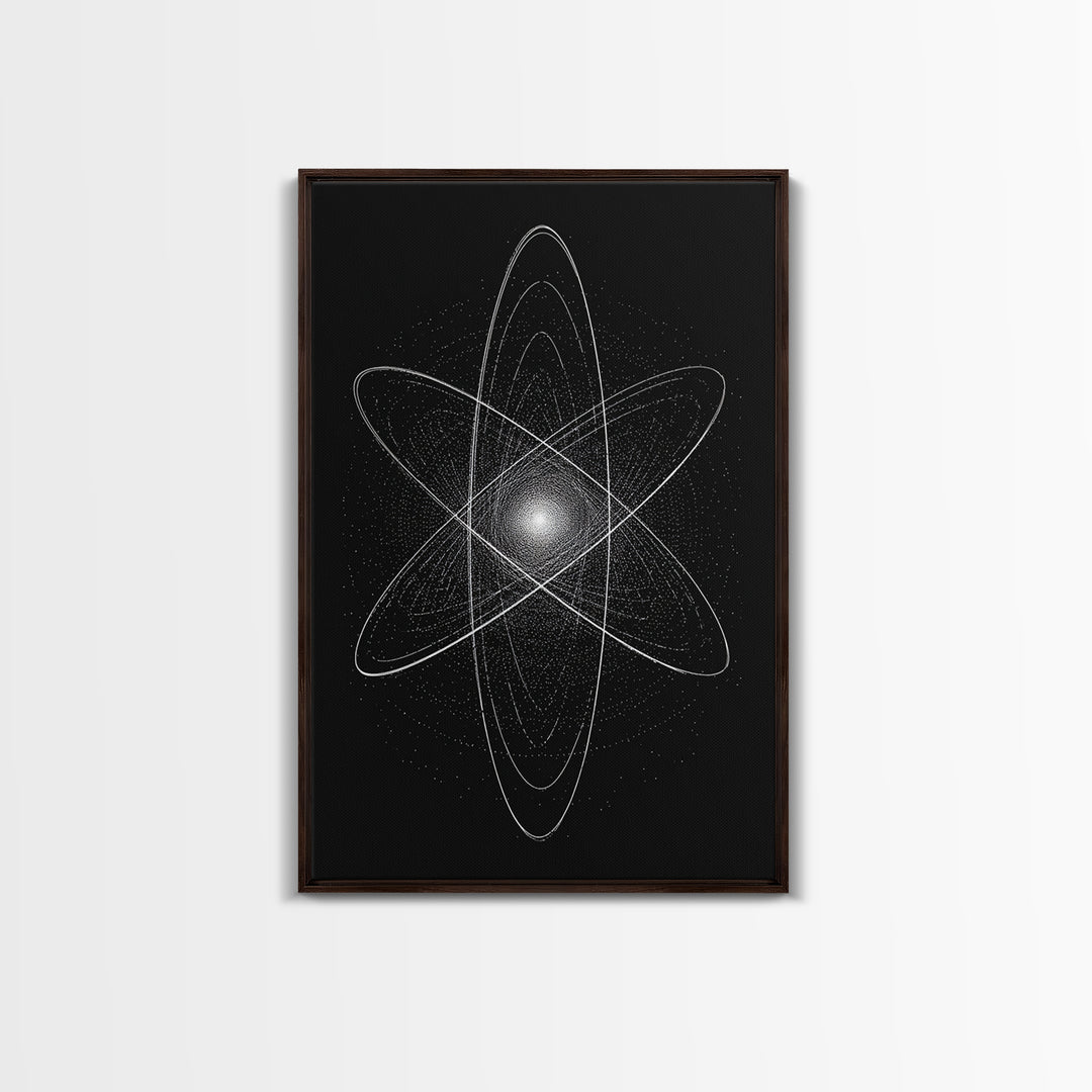 White Atomic Starburst On Black Framed Canvas Print, Modern Wall Art, Space Abstract Art, Science Poster For Home Office