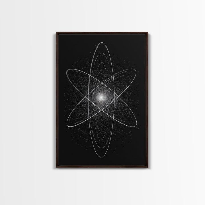 White Atomic Starburst On Black Framed Canvas Print, Modern Wall Art, Space Abstract Art, Science Poster For Home Office