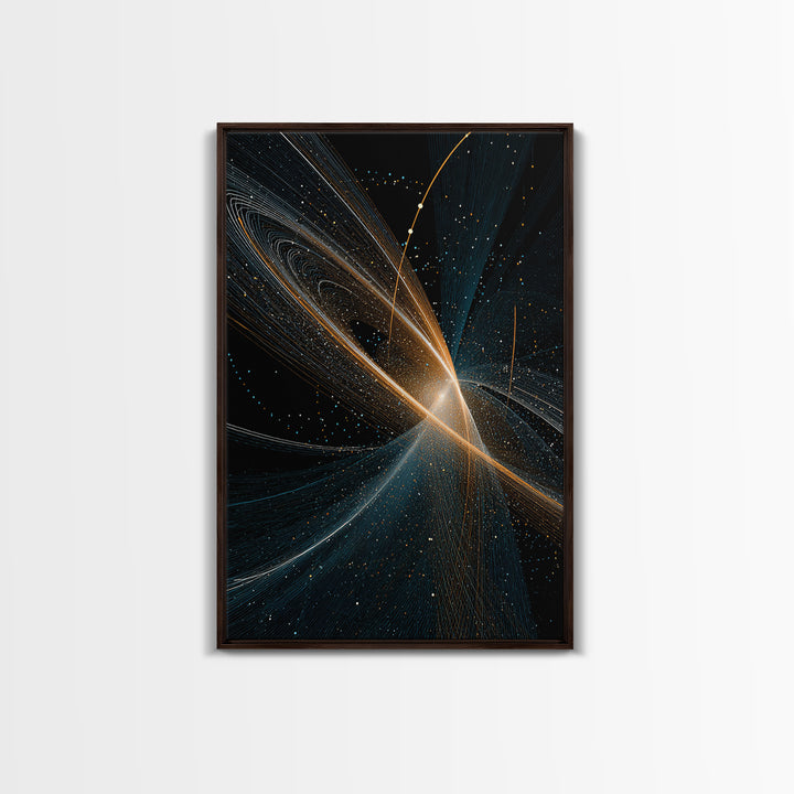 Gold And Blue Cosmic Light Trails Framed Canvas Print, Modern Abstract Wall Art, Space Decor, Large Sci Fi Retro Art Print
