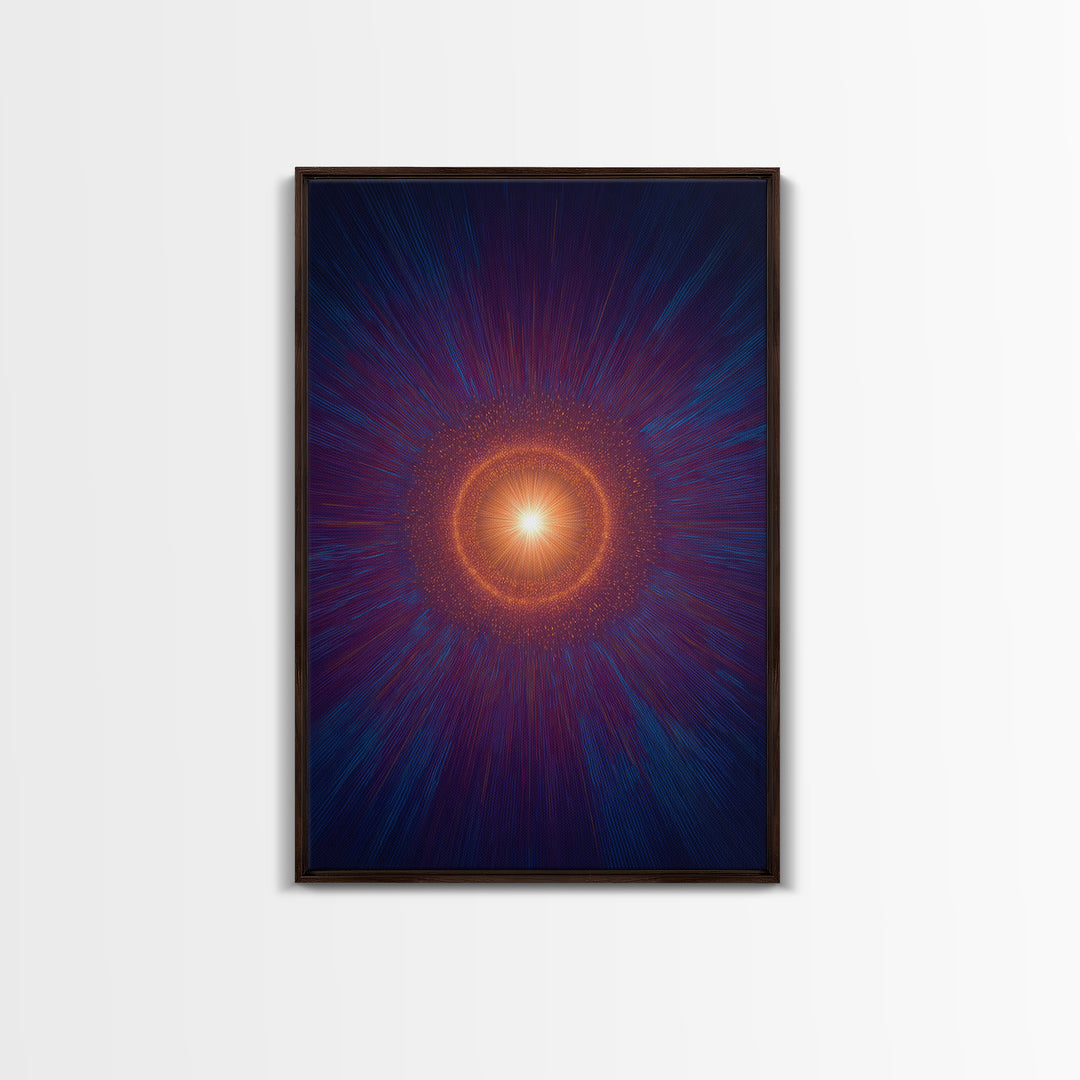 Radiant Orange Cosmic Halo With Blue Purple Rays Wall Art, Midcentury Modern Art, Abstract Space Poster, Mcm Wall Decor Print