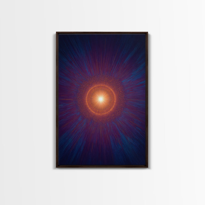 Radiant Orange Cosmic Halo With Blue Purple Rays Wall Art, Midcentury Modern Art, Abstract Space Poster, Mcm Wall Decor Print