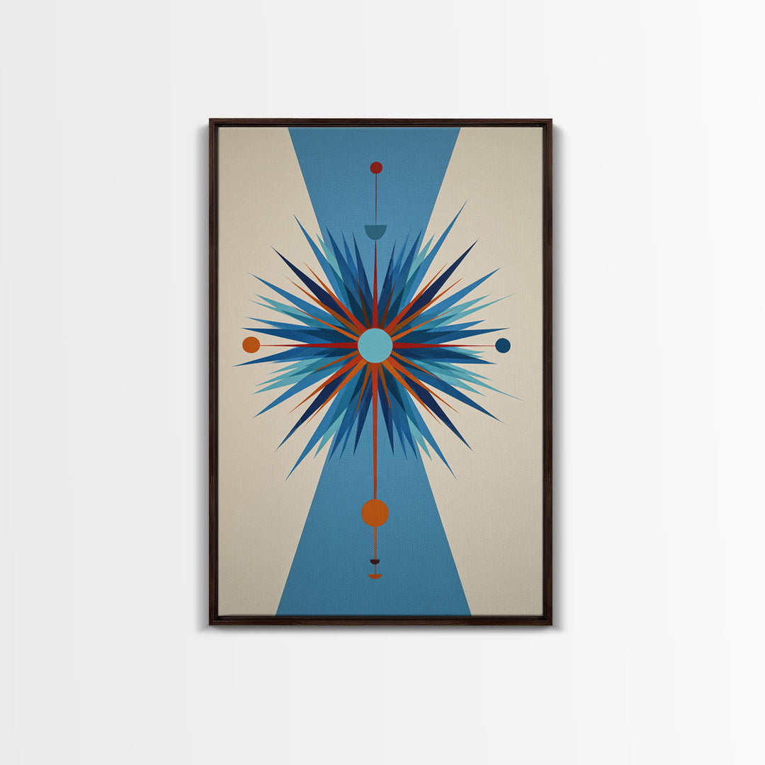 Blue Orange Atomic Starburst On Beige Canvas Print, Midcentury Modern Art, Geometric Wall Art, Retro Mcm Home Decor, 50s Art Print