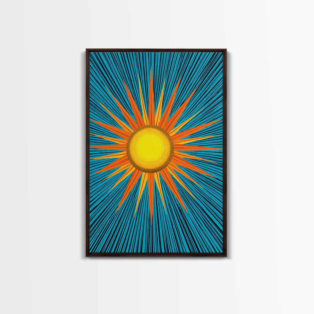 Bright Yellow Sunburst With Turquoise Rays Wall Art, Midcentury Sun, Modern Abstract Art, Retro Pop Art Poster Print, Living Room Decor