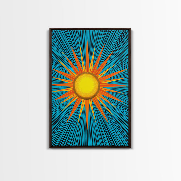 Bright Yellow Sunburst With Turquoise Rays Wall Art, Midcentury Sun, Modern Abstract Art, Retro Pop Art Poster Print, Living Room Decor