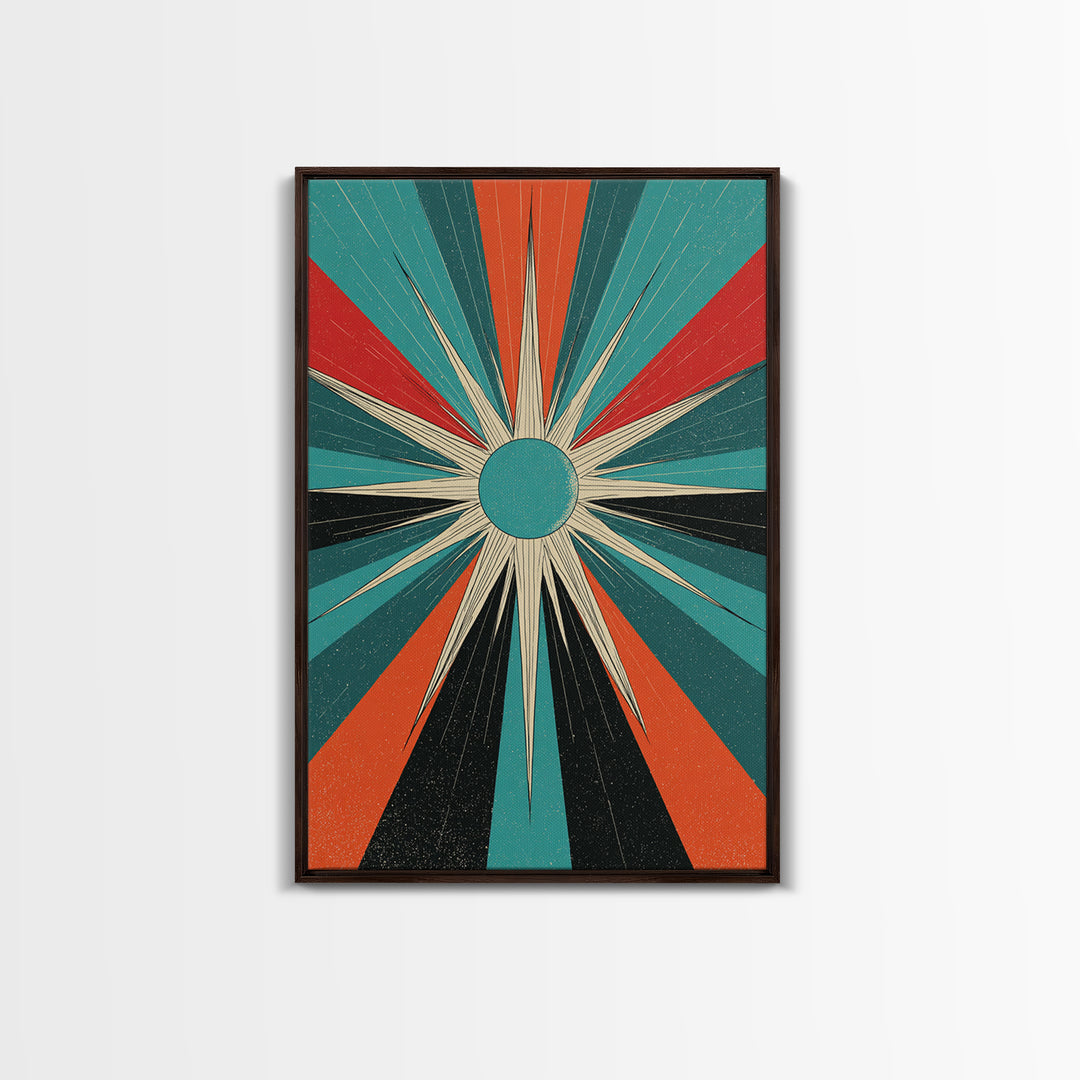 Teal Orange Retro Compass Starburst Framed Canvas Print, Midcentury Wall Art, Geometric Abstract, Atomic Mcm Wall Decor Print
