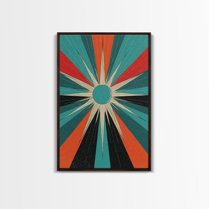 Teal Orange Retro Compass Starburst Framed Canvas Print, Midcentury Wall Art, Geometric Abstract, Atomic Mcm Wall Decor Print