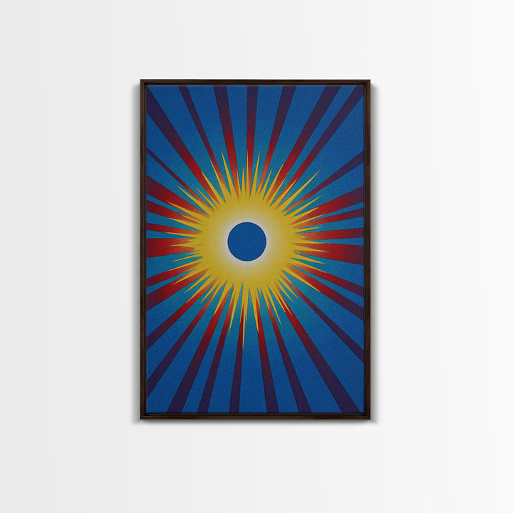 Blue Eclipse Sun With Yellow Burst Wall Art, Midcentury Modern, Space Abstract Art, Retro Poster, Bold Mcm Wall Decor Print