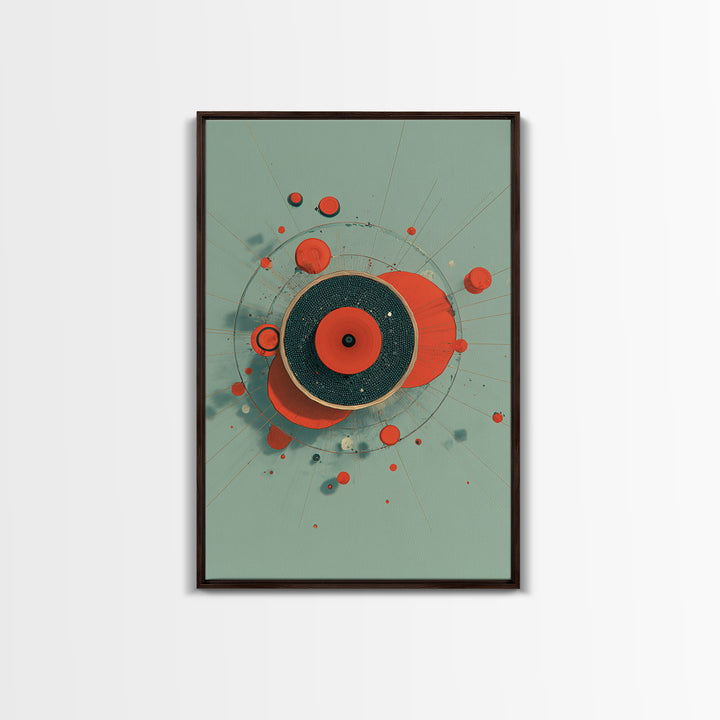 Red Teal Circular Planet Orbit Abstraction Framed Canvas Print, Modern Contemporary Art, Geometric Wall Art, Retro Home Decor