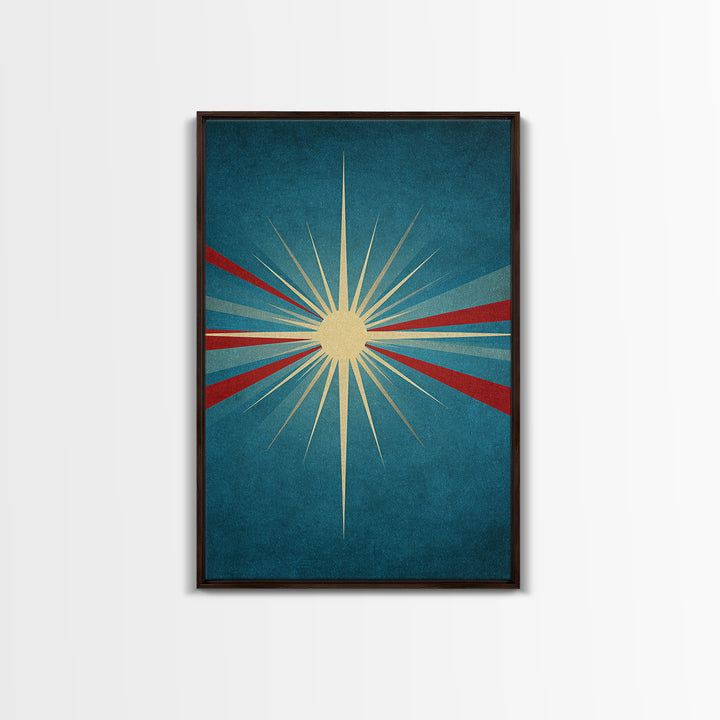 Minimal Teal Starburst With Red Rays Canvas Print, Midcentury Modern Wall Art, Atomic Retro Poster, Mcm Home Decor Print