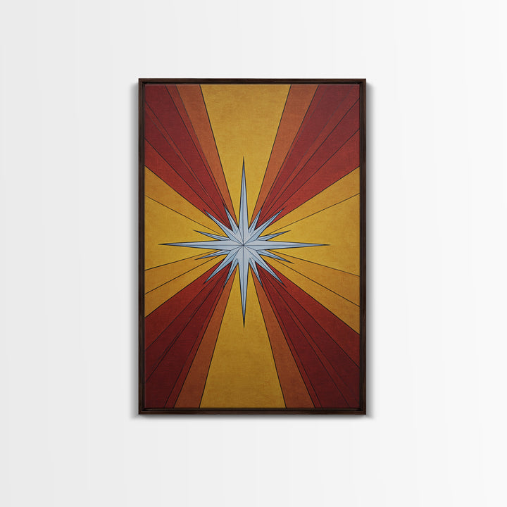 Red Gold Compass Star Canvas Print, Midcentury Modern Art, Atomic Retro Poster, Geometric Wall Decor, 1960s MCM Print Gift