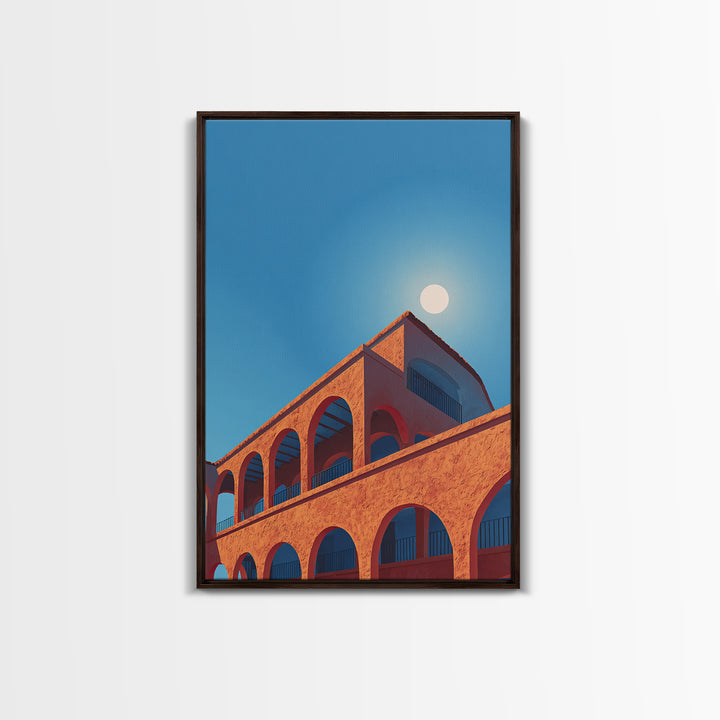 Terracotta Arcade With White Sun Wall Art, Modern Architectural Art, Palm Springs Decor, Orange Blue Travel Poster, MCM Print
