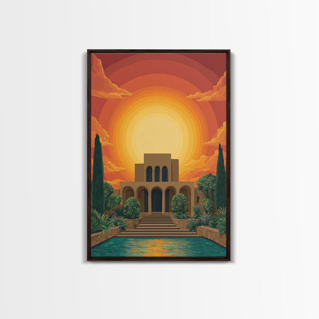 Art Deco Villa Sunset Canvas Print, Midcentury Modern Wall Art, Orange Sun Poster, Tropical Garden Living Room Decor Print