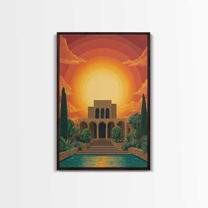 Art Deco Villa Sunset Canvas Print, Midcentury Modern Wall Art, Orange Sun Poster, Tropical Garden Living Room Decor Print