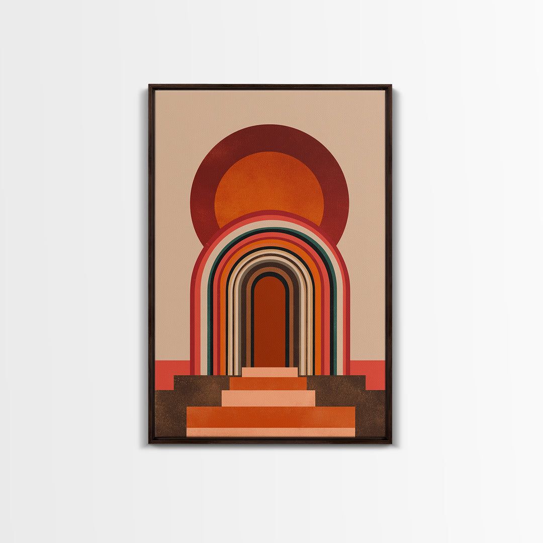 Layered Rainbow Arch Doorway Wall Art, Midcentury Abstract Poster, Geometric Wall Decor, 70s Art Print, Warm Orange MCM Style