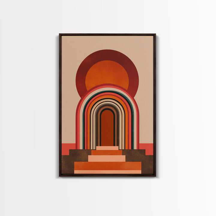 Layered Rainbow Arch Doorway Wall Art, Midcentury Abstract Poster, Geometric Wall Decor, 70s Art Print, Warm Orange MCM Style
