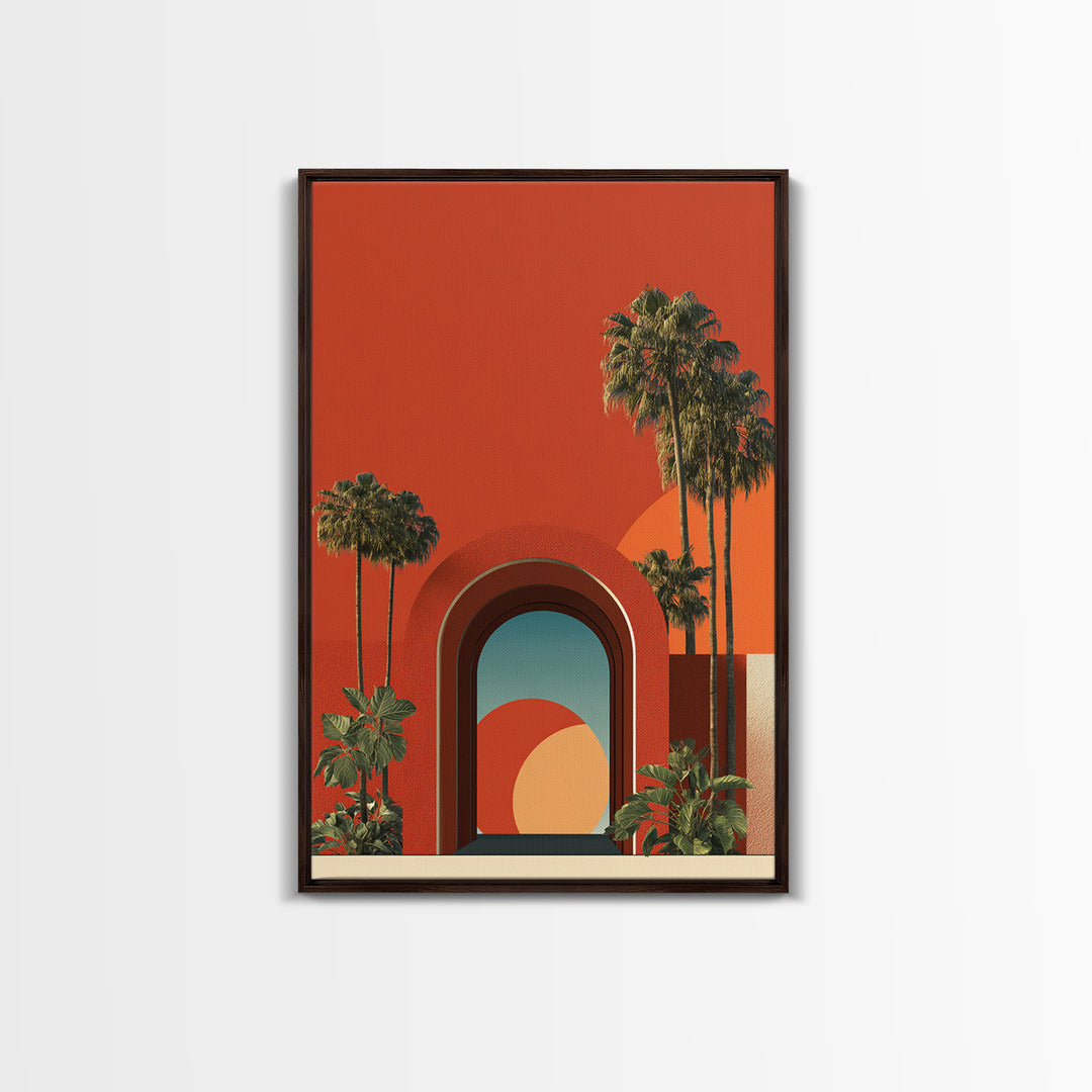 Red Orange Palm Springs Portal Wall Art, Retro Desert Print, Midcentury Modern Decor, Tropical Wall Decor, Bold MCM Poster