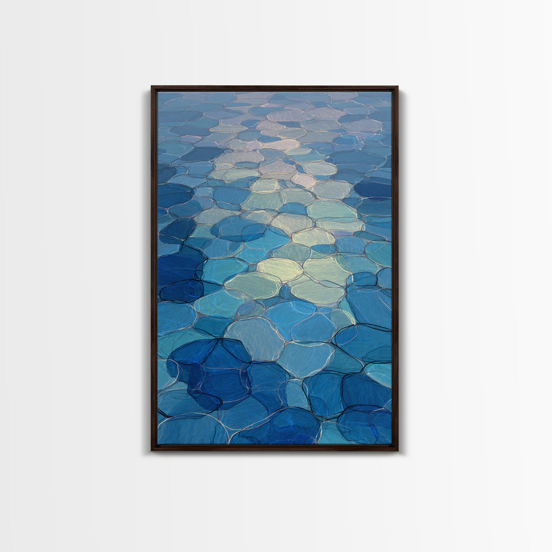 Blue Mosaic Water Path, Framed Canvas Print, Abstract Wall Art, Coastal Modern Decor, Calm Geometric Art For Bedroom And Home