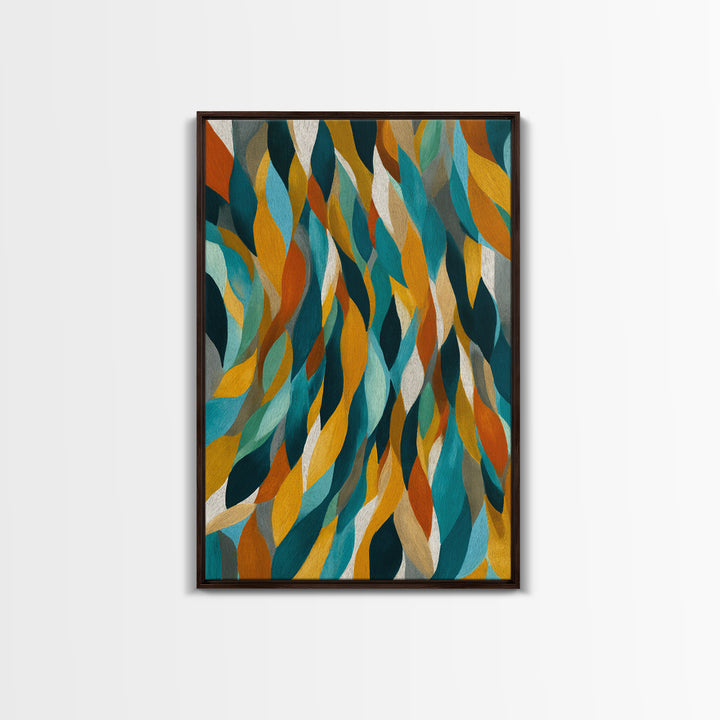 Layered Teal Mustard Leaf Abstract Wall Art, Mid Century Modern Canvas Print, Retro Geometric Statement Living Room Decor
