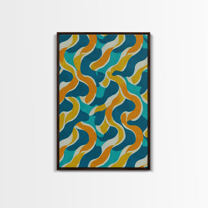 Wavy Teal Gold Ribbon Abstract Wall Art, Mid Century Modern Canvas Print, Retro Geometric Pattern Bedroom Living Room Decor