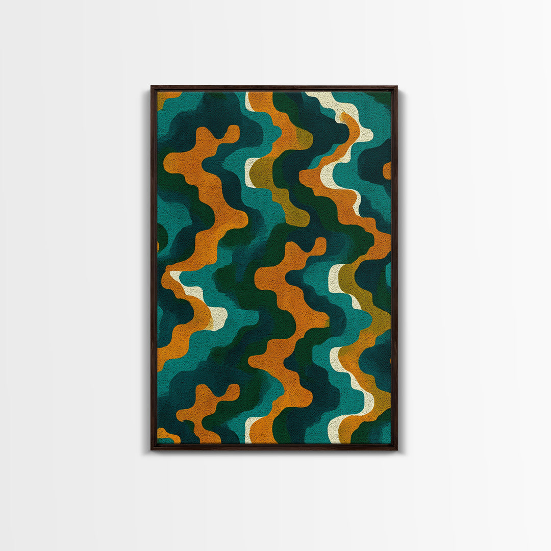 Organic Teal Orange Wave Abstract Wall Art, Mid Century Modern Canvas Print, Retro Groovy Funky Pattern Living Room Decor