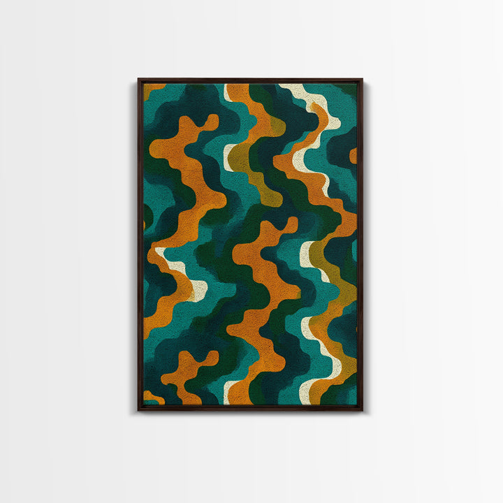 Organic Teal Orange Wave Abstract Wall Art, Mid Century Modern Canvas Print, Retro Groovy Funky Pattern Living Room Decor