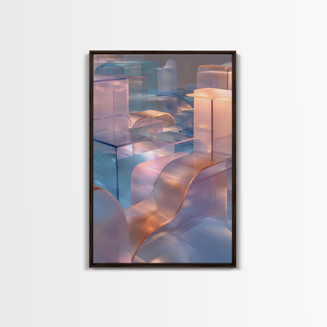 Pastel Glass City Blocks, Canvas Print, Modern Abstract Art, Architectural Wall Decor, Soft Blue Pink Home Office Artwork