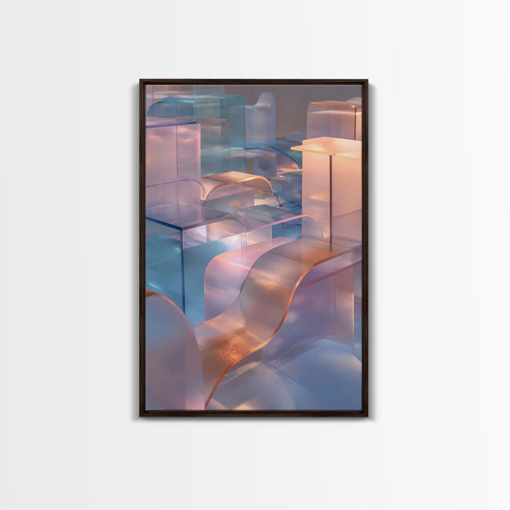 Pastel Glass City Blocks, Canvas Print, Modern Abstract Art, Architectural Wall Decor, Soft Blue Pink Home Office Artwork