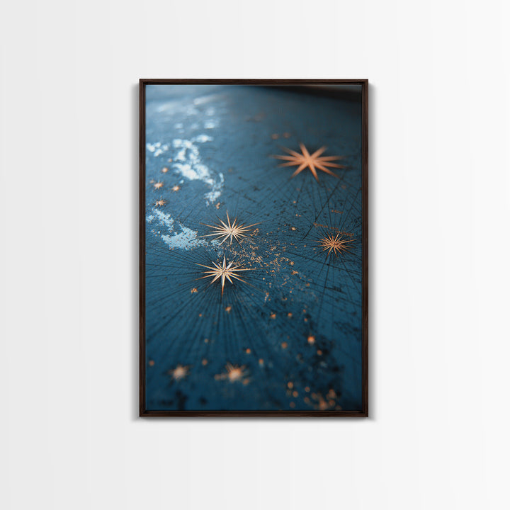 Gold Starburst Night Sky Wall Art, Blue Celestial Abstract Print, Midcentury Modern Decor, Bedroom And Living Room Decor