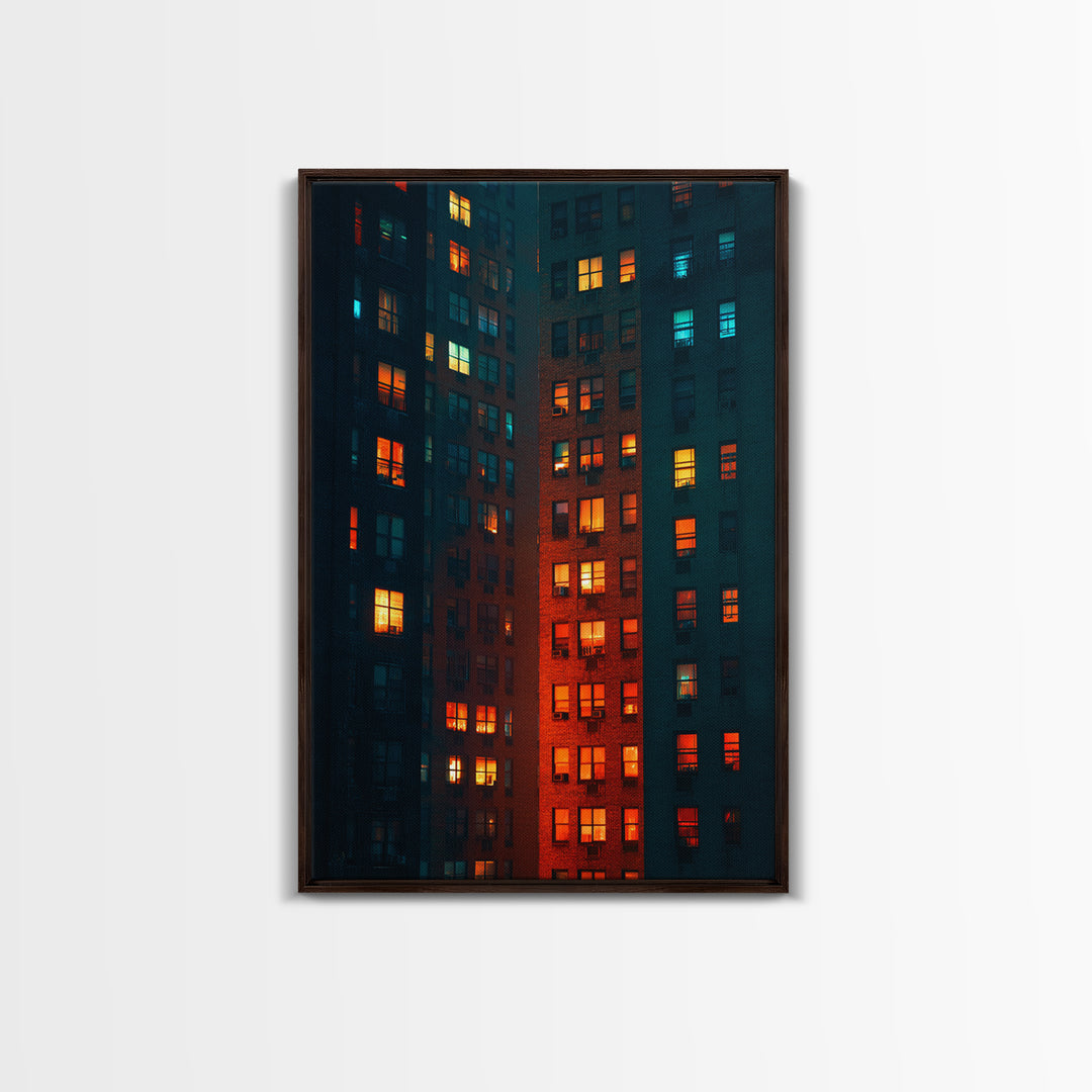 Glowing Apartment Windows Wall Art, Urban Night Photography Print, Modern Wall Decor, Cityscape Poster For Loft Living Room