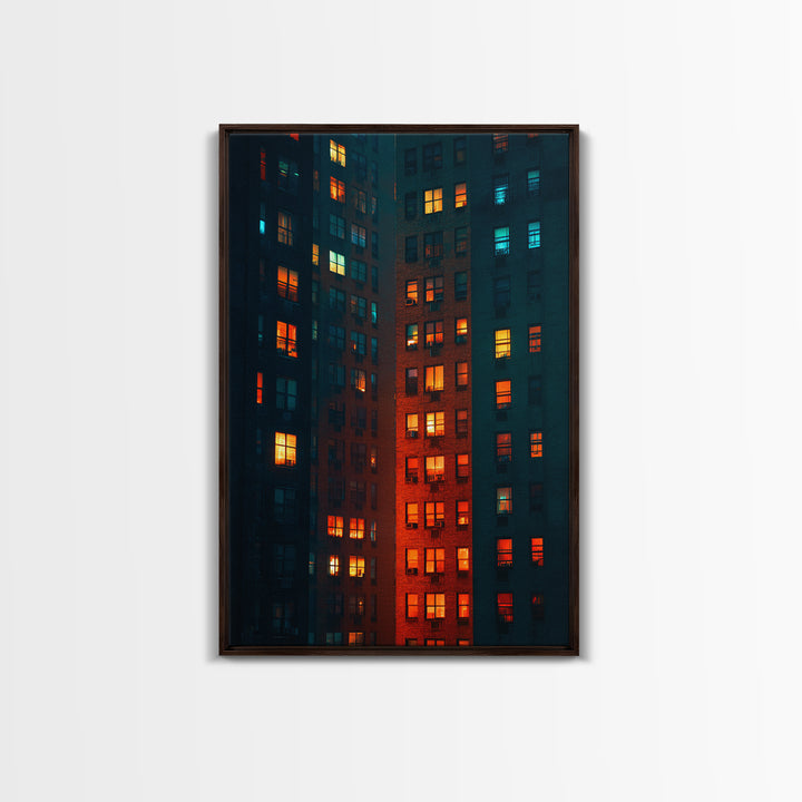 Glowing Apartment Windows Wall Art, Urban Night Photography Print, Modern Wall Decor, Cityscape Poster For Loft Living Room