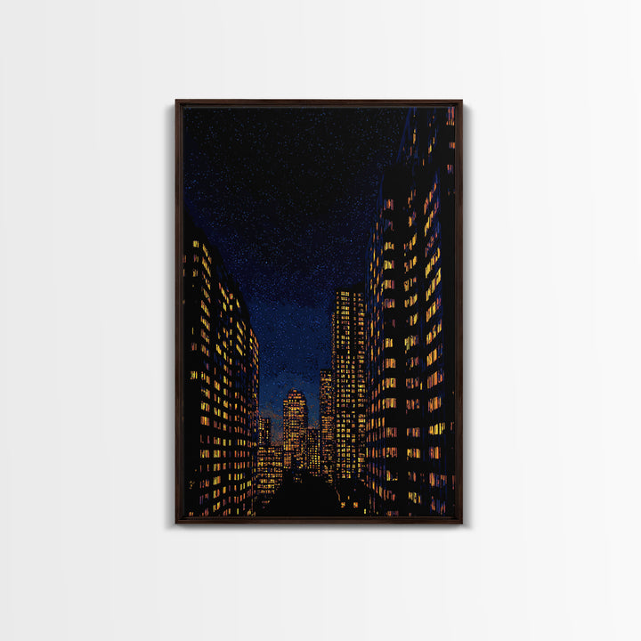 Starry City Street Canvas Print, Night Skyline Between Tall Buildings, Modern Wall Art Decor, Urban Poster For Home Office