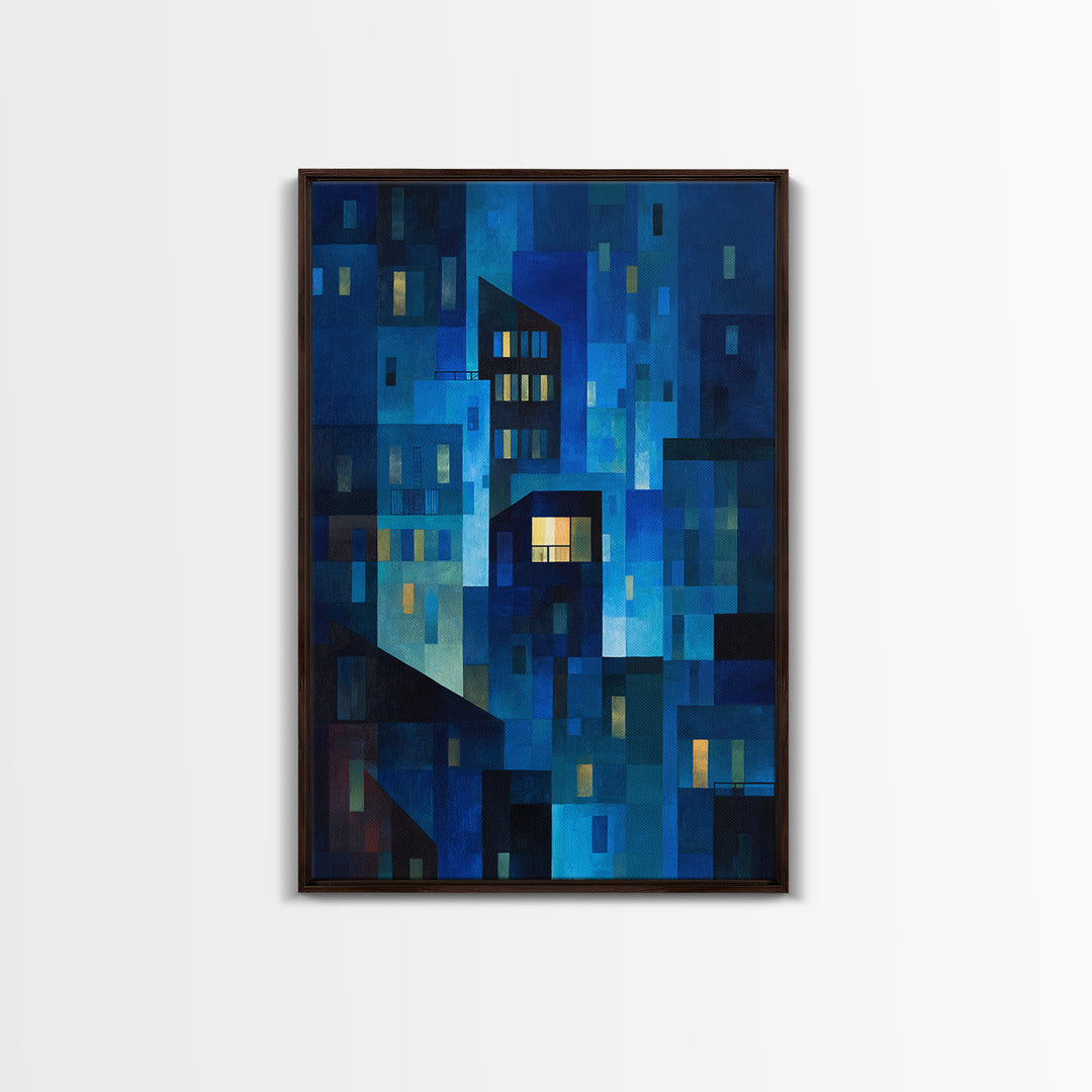 Abstract Blue City Blocks Wall Art, Geometric Night Buildings Print, Midcentury Modern Decor, Contemporary Living Room Art