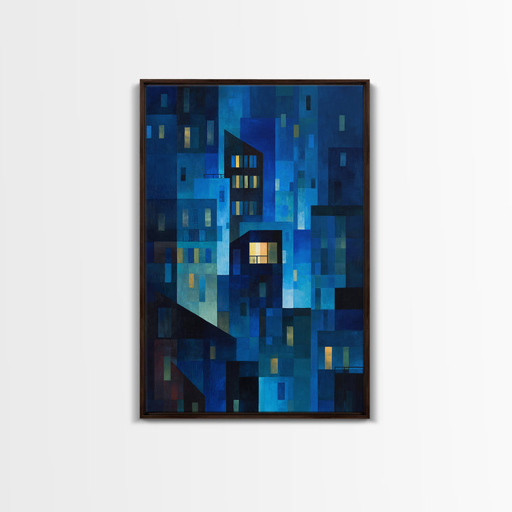 Abstract Blue City Blocks Wall Art, Geometric Night Buildings Print, Midcentury Modern Decor, Contemporary Living Room Art