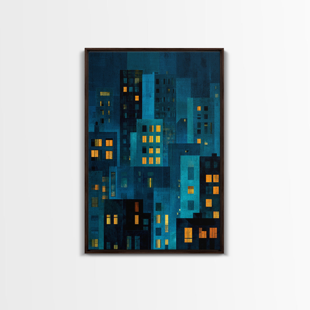 Moody Blue Urban Skyline Wall Art, Abstract City Windows Print, Midcentury Modern Wall Decor, Office And Living Room Poster