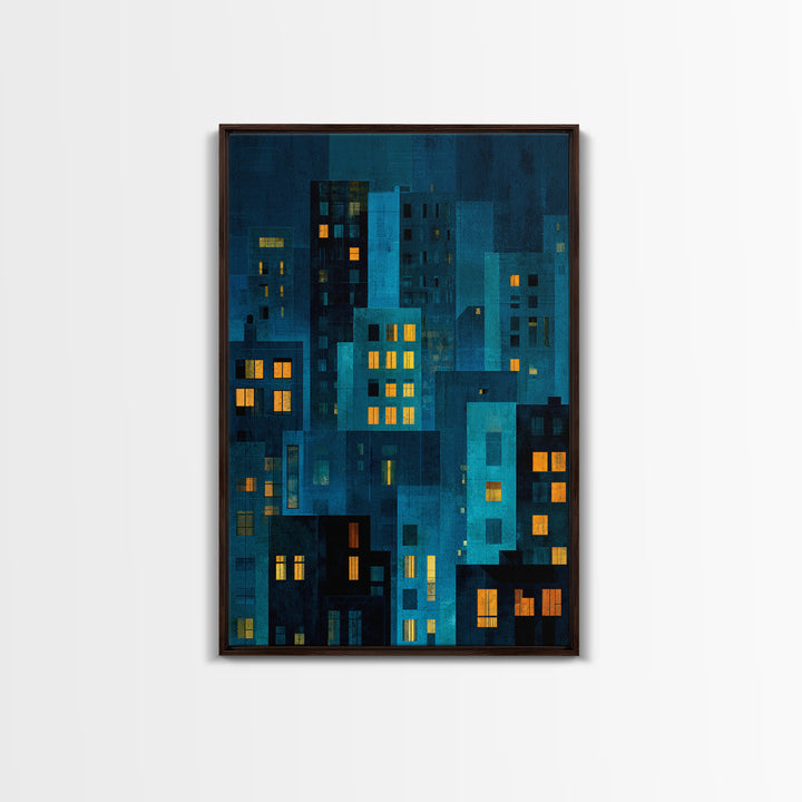 Moody Blue Urban Skyline Wall Art, Abstract City Windows Print, Midcentury Modern Wall Decor, Office And Living Room Poster