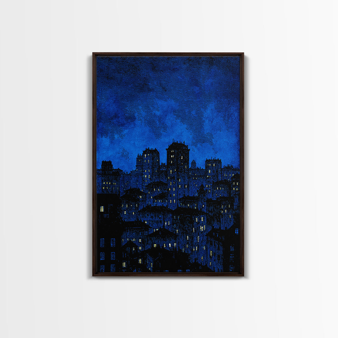 Indigo Linocut Cityscape Canvas Print, Night Skyline Wall Art, Blue Modern Art Print, Urban Home Office Decor Poster Gift
