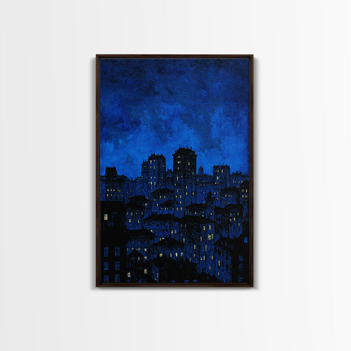 Indigo Linocut Cityscape Canvas Print, Night Skyline Wall Art, Blue Modern Art Print, Urban Home Office Decor Poster Gift
