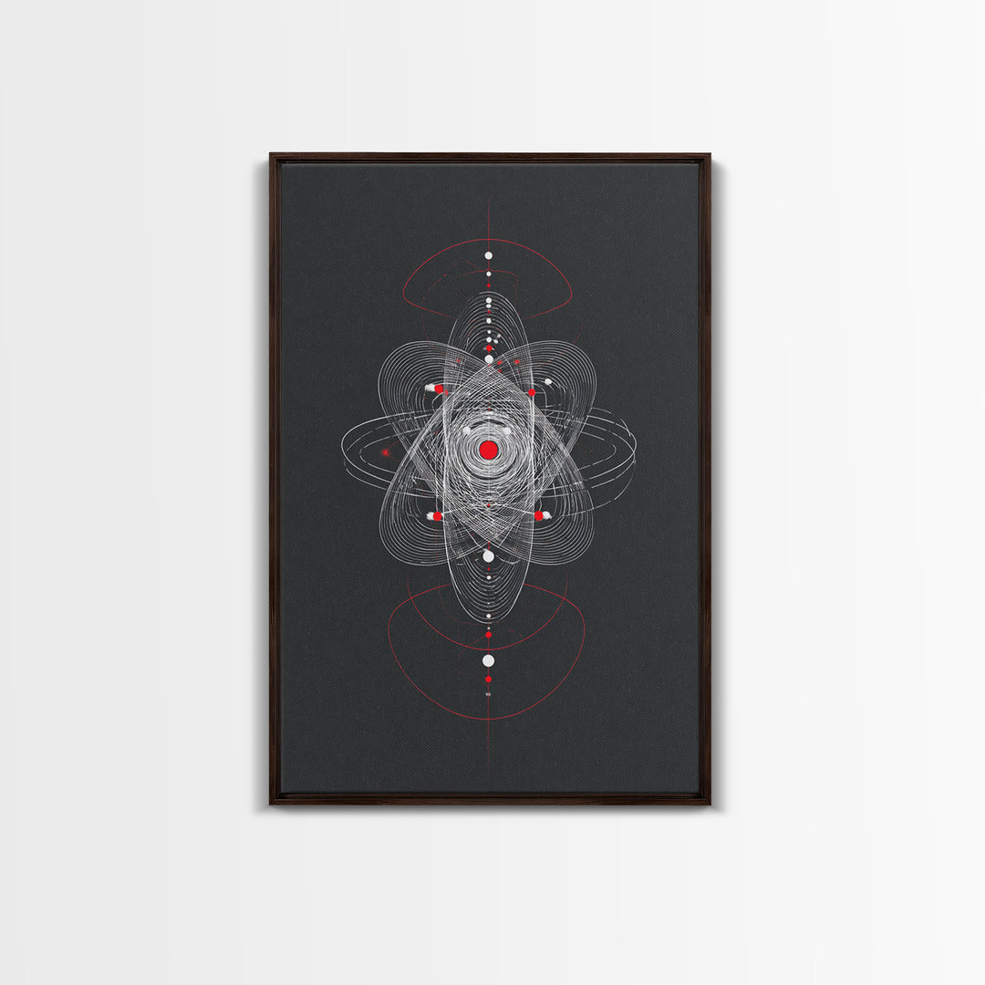 Atomic Orbit Geometry Wall Art, Red White Abstract Line Print, Midcentury Modern Decor, Space Sci Fi Poster For Office Studio