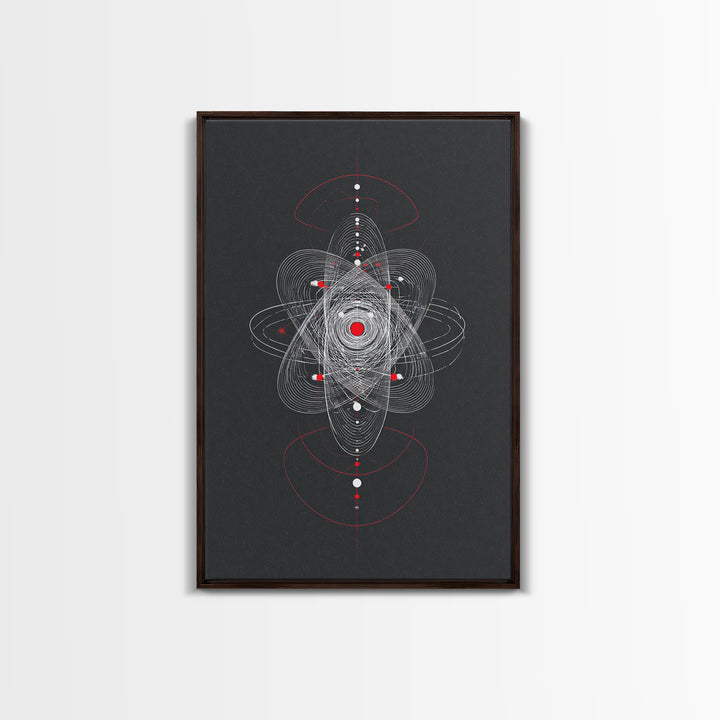 Atomic Orbit Geometry Wall Art, Red White Abstract Line Print, Midcentury Modern Decor, Space Sci Fi Poster For Office Studio