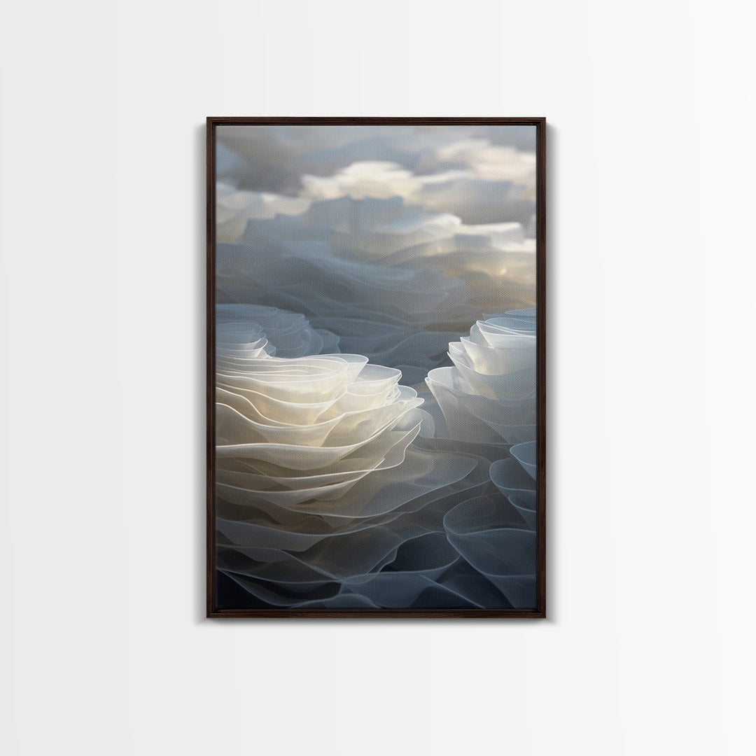 White Layered Petal Waves, Framed Canvas Print, Minimalist Wall Art, Neutral Abstract Decor, Soft Botanical Modern Artwork