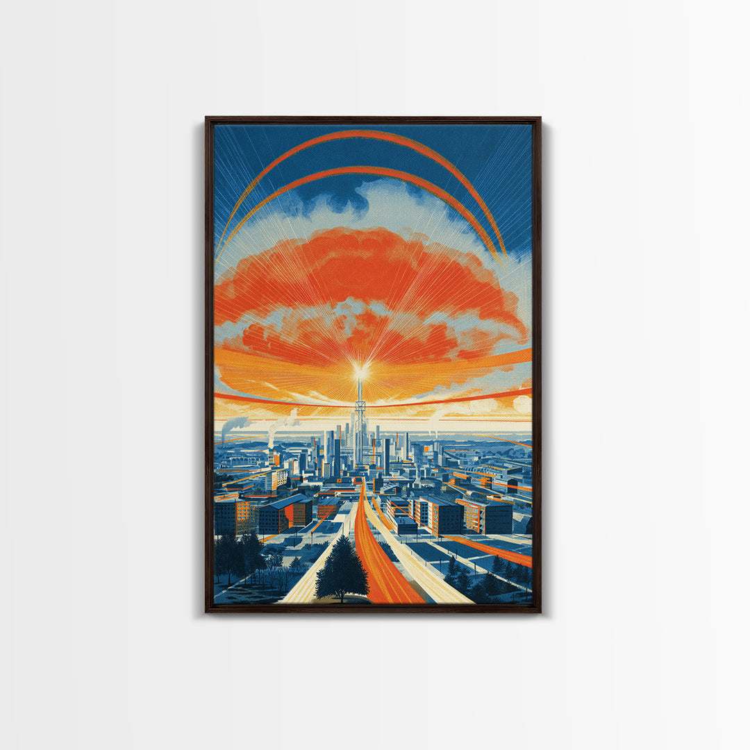 Retro Futurist City Sunset Wall Art, Orange Blue Midcentury Modern Poster, Architectural Art, Travel Wall Decor, Large Print