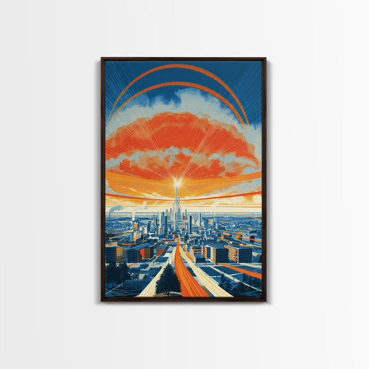 Retro Futurist City Sunset Wall Art, Orange Blue Midcentury Modern Poster, Architectural Art, Travel Wall Decor, Large Print
